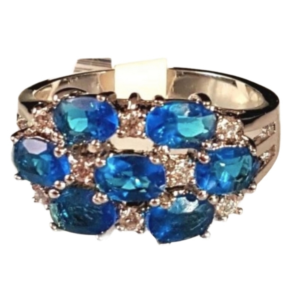 Silver Plated Cubic  Zirconia Blue Cocktail Ring Sizes 8 9  *